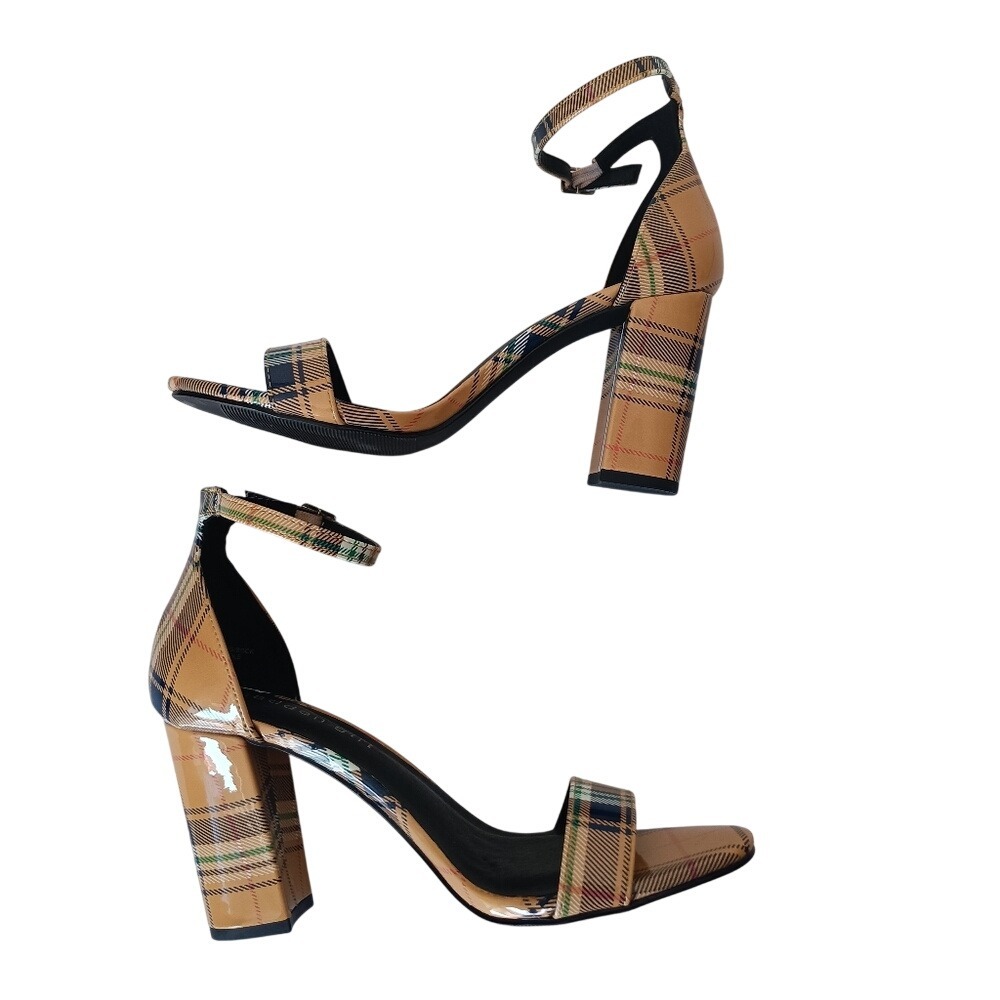 Madden Girl Beella Sandals Womens 7M Tan Plaid Block Heel Ankle Strap Open Toe